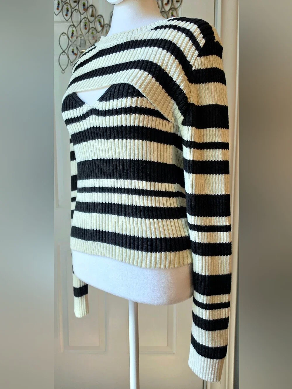 Maeve X Anthro Striped Sweater Shrug Set Womens M Black Cream Ribbed Cotton Blen